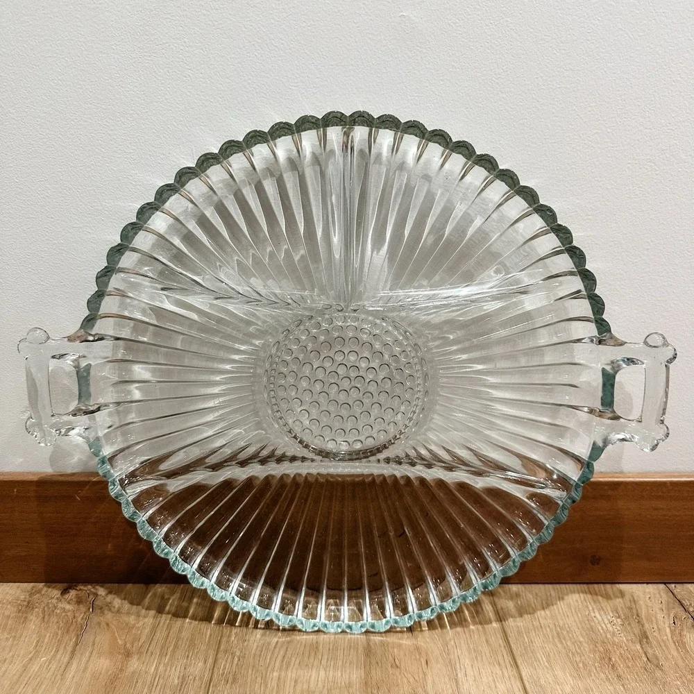 Vintage Clear Glass Divided Serving Tray with Handles - 12